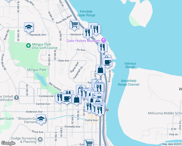 map of restaurants, bars, coffee shops, grocery stores, and more near 687 North 3rd Street in Coos Bay
