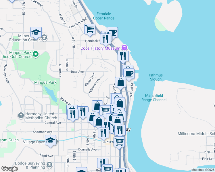 map of restaurants, bars, coffee shops, grocery stores, and more near 687 North 3rd Street in Coos Bay