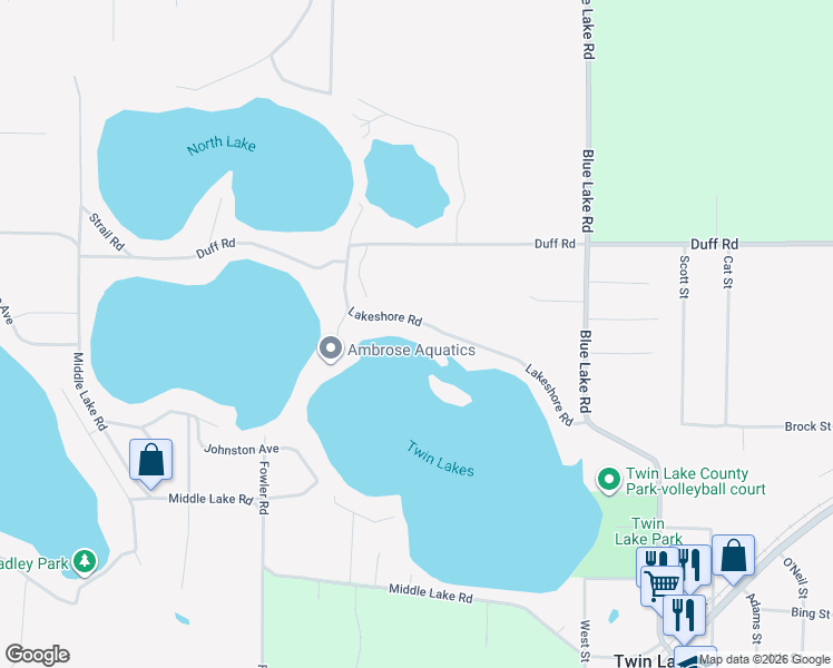 map of restaurants, bars, coffee shops, grocery stores, and more near 2812 Lakeshore Road in Twin Lake