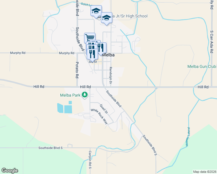 map of restaurants, bars, coffee shops, grocery stores, and more near 6981 Base Line Road in Melba