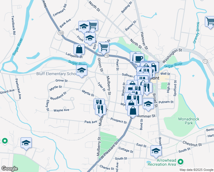 map of restaurants, bars, coffee shops, grocery stores, and more near 12 Mulberry Street in Claremont