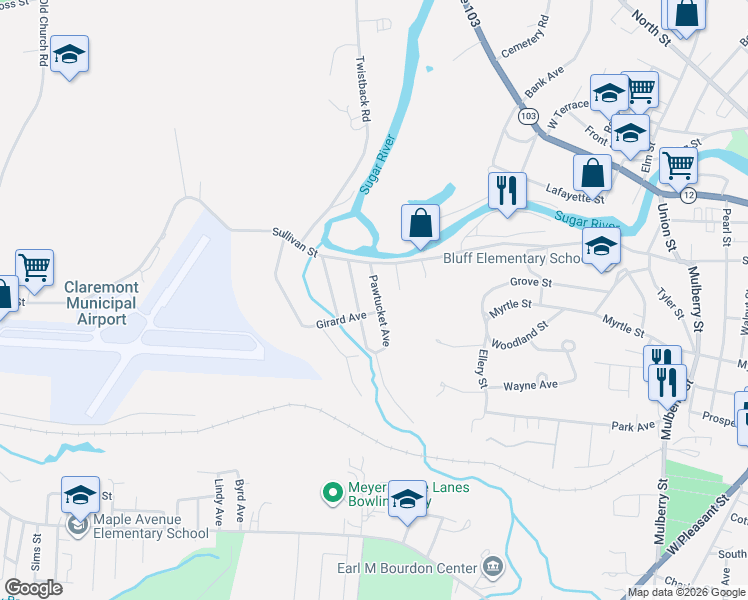 map of restaurants, bars, coffee shops, grocery stores, and more near 7 Ashton Avenue in Claremont