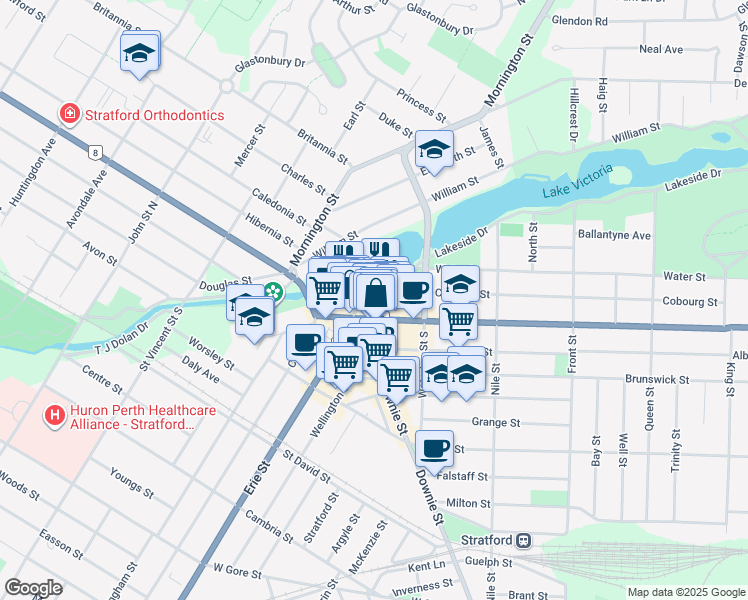 map of restaurants, bars, coffee shops, grocery stores, and more near 1 Erie Street in Stratford