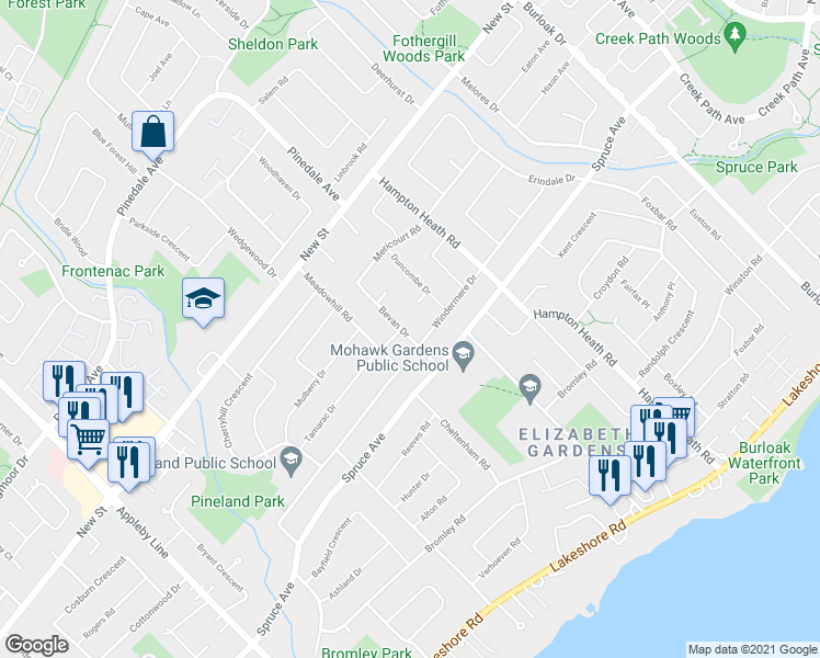 map of restaurants, bars, coffee shops, grocery stores, and more near 339 Bevan Drive in Burlington