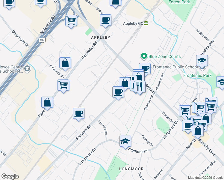 map of restaurants, bars, coffee shops, grocery stores, and more near 4445 Fairview Street in Burlington