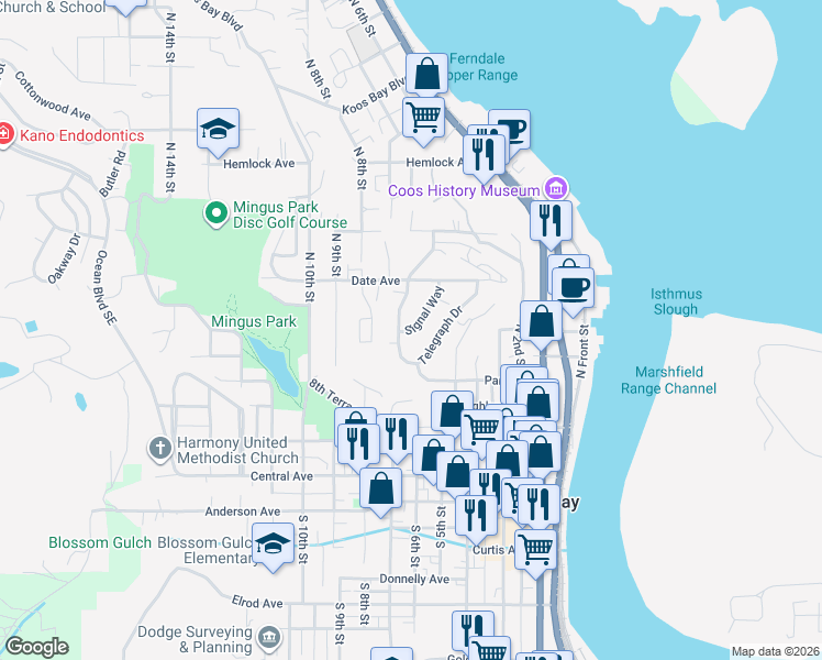 map of restaurants, bars, coffee shops, grocery stores, and more near 735 Signal Way in Coos Bay