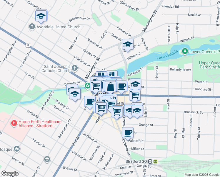 map of restaurants, bars, coffee shops, grocery stores, and more near 33 Veterans Drive in Stratford