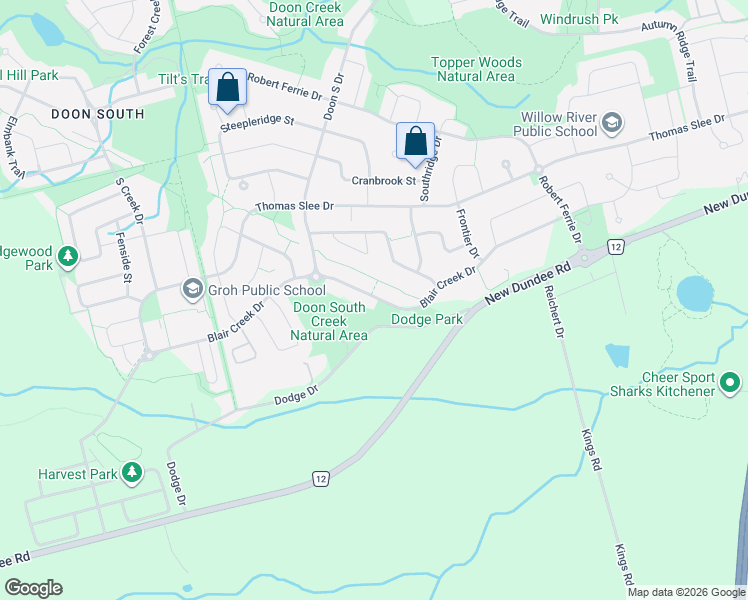 map of restaurants, bars, coffee shops, grocery stores, and more near 474 Blair Creek Drive in Kitchener