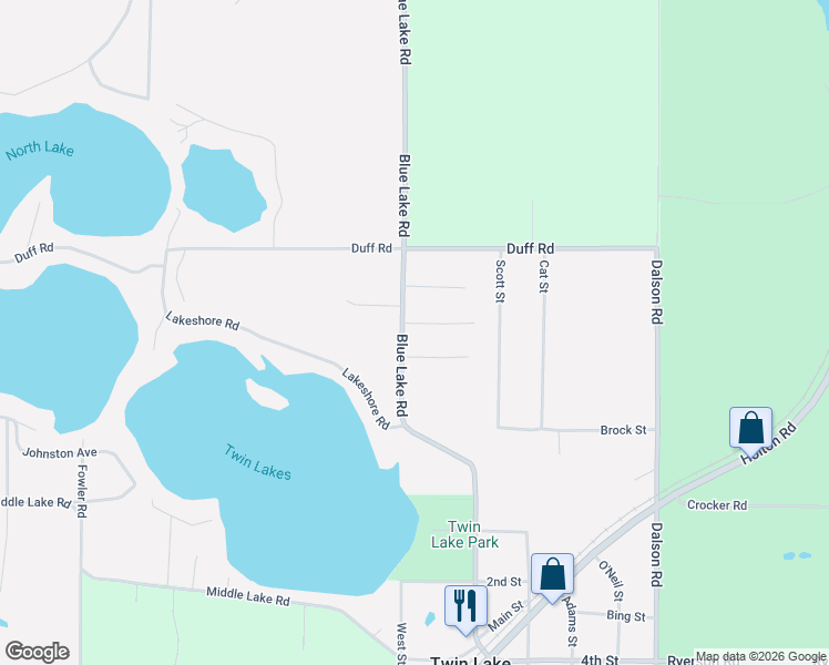 map of restaurants, bars, coffee shops, grocery stores, and more near 6499 Blue Lake Road in Twin Lake