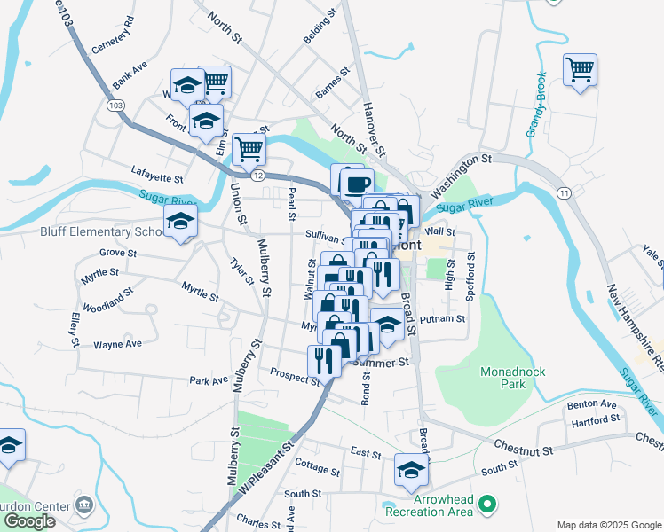 map of restaurants, bars, coffee shops, grocery stores, and more near 11 Trinity Street in Claremont