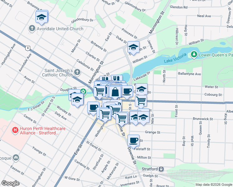 map of restaurants, bars, coffee shops, grocery stores, and more near 7 Cobourg Street in Stratford