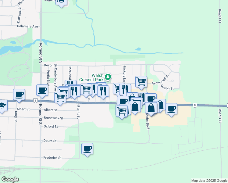 map of restaurants, bars, coffee shops, grocery stores, and more near 28 Babb Crescent in Stratford