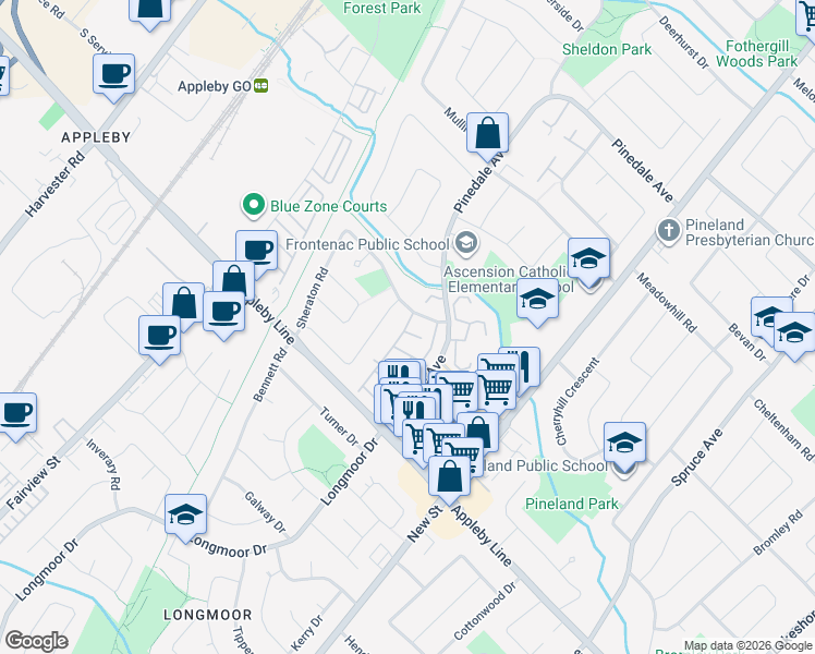 map of restaurants, bars, coffee shops, grocery stores, and more near Sheraton Road in Burlington