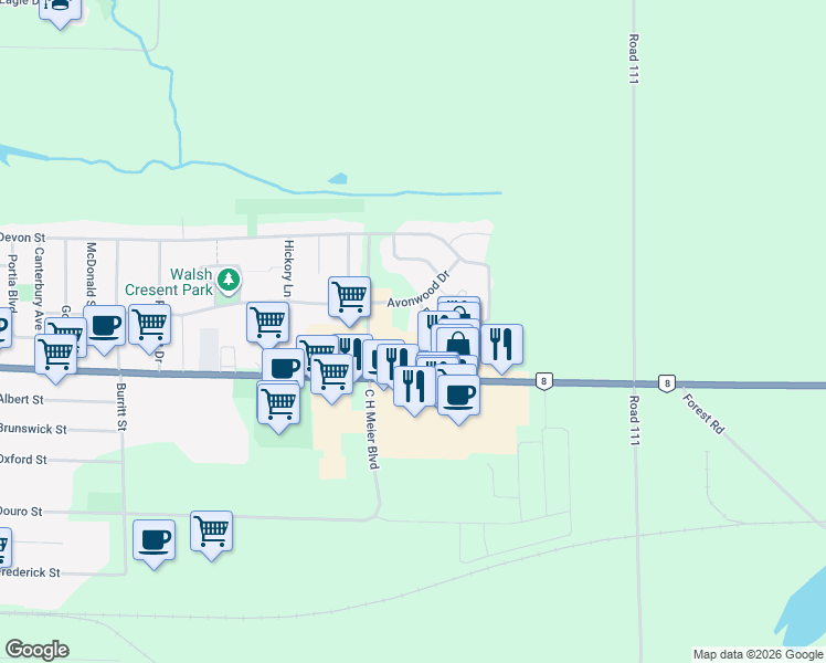 map of restaurants, bars, coffee shops, grocery stores, and more near 91 Avonwood Drive in Stratford