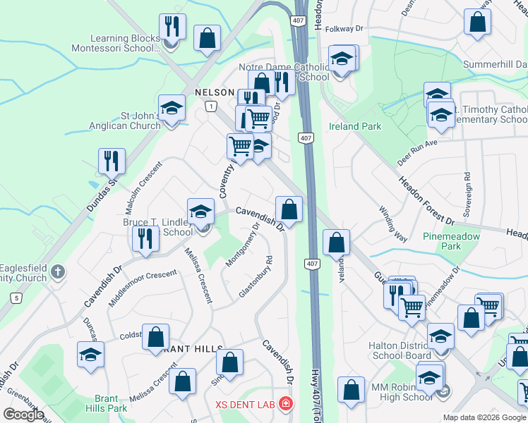map of restaurants, bars, coffee shops, grocery stores, and more near 2475 Cavendish Drive in Burlington