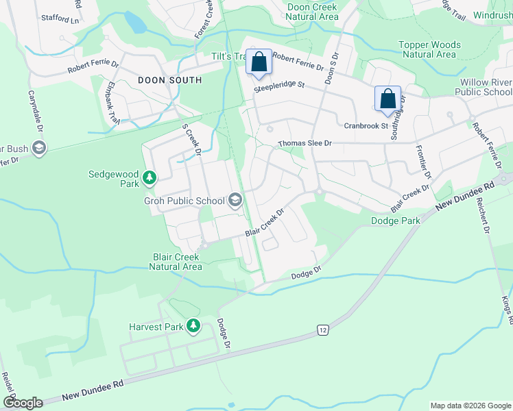 map of restaurants, bars, coffee shops, grocery stores, and more near Mistywood Street in Kitchener