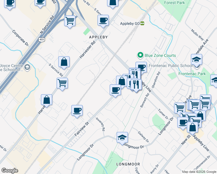 map of restaurants, bars, coffee shops, grocery stores, and more near 4445 Fairview Street in Burlington