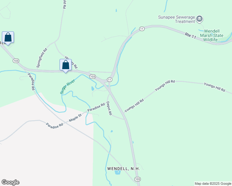map of restaurants, bars, coffee shops, grocery stores, and more near 27A New Hampshire Route 103 in Sunapee