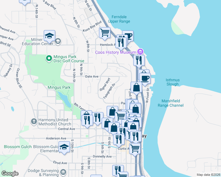 map of restaurants, bars, coffee shops, grocery stores, and more near 790 Telegraph Drive in Coos Bay