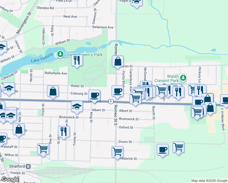 map of restaurants, bars, coffee shops, grocery stores, and more near 170 Romeo Street South in Stratford