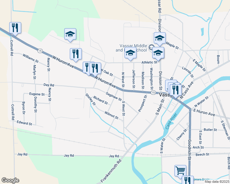 map of restaurants, bars, coffee shops, grocery stores, and more near 711 West Huron Avenue in Vassar