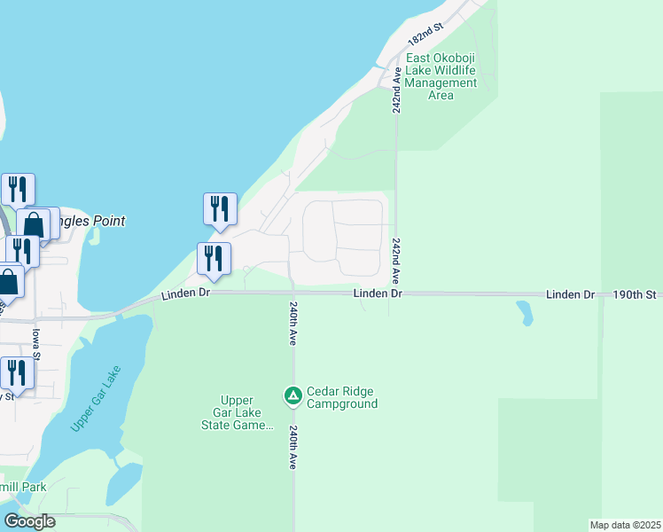 map of restaurants, bars, coffee shops, grocery stores, and more near 317 240th Avenue in Arnolds Park