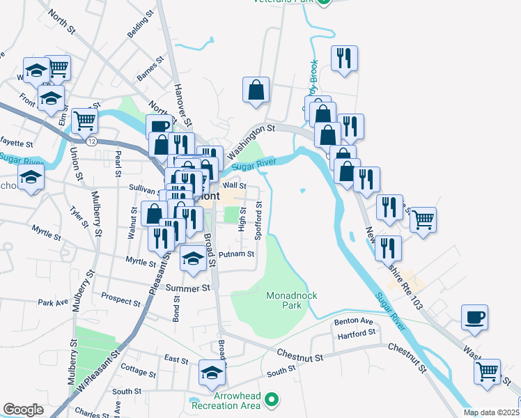 map of restaurants, bars, coffee shops, grocery stores, and more near 24 Spofford Street in Claremont