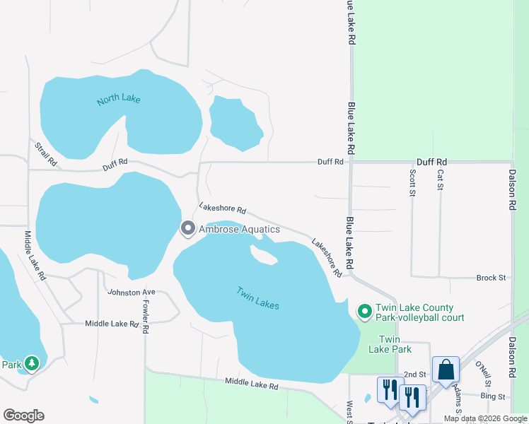 map of restaurants, bars, coffee shops, grocery stores, and more near 2812 Lakeshore Road in Twin Lake