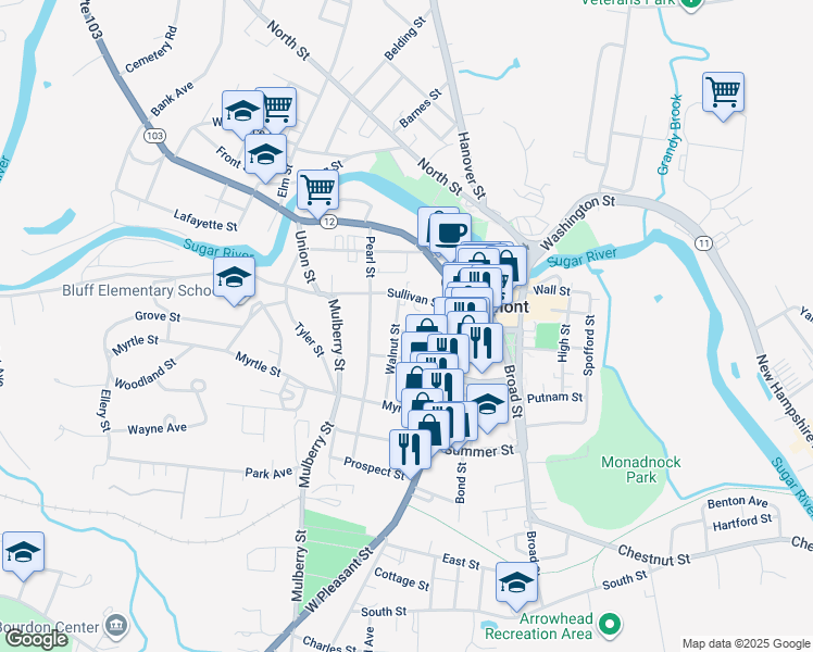 map of restaurants, bars, coffee shops, grocery stores, and more near 11 Trinity Street in Claremont