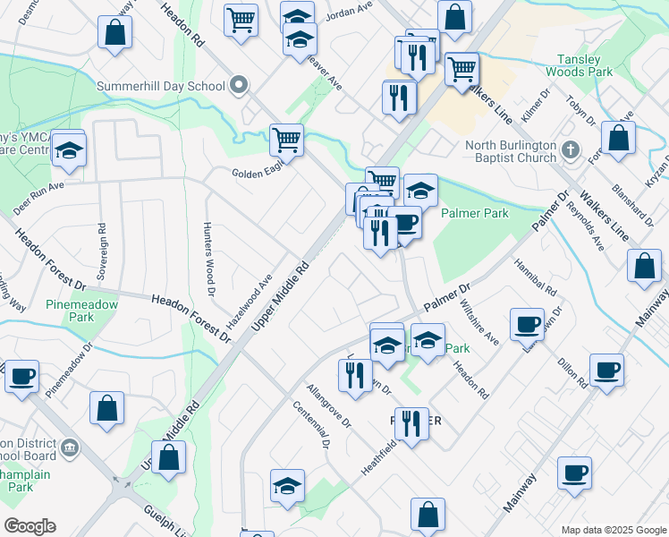 map of restaurants, bars, coffee shops, grocery stores, and more near 1548 Newlands Crescent in Burlington