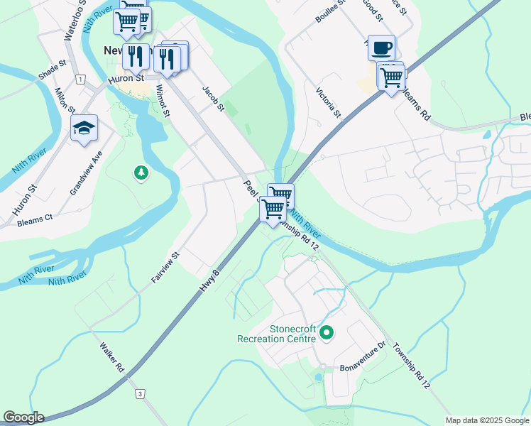 map of restaurants, bars, coffee shops, grocery stores, and more near 2 Highway 8 in New Hamburg
