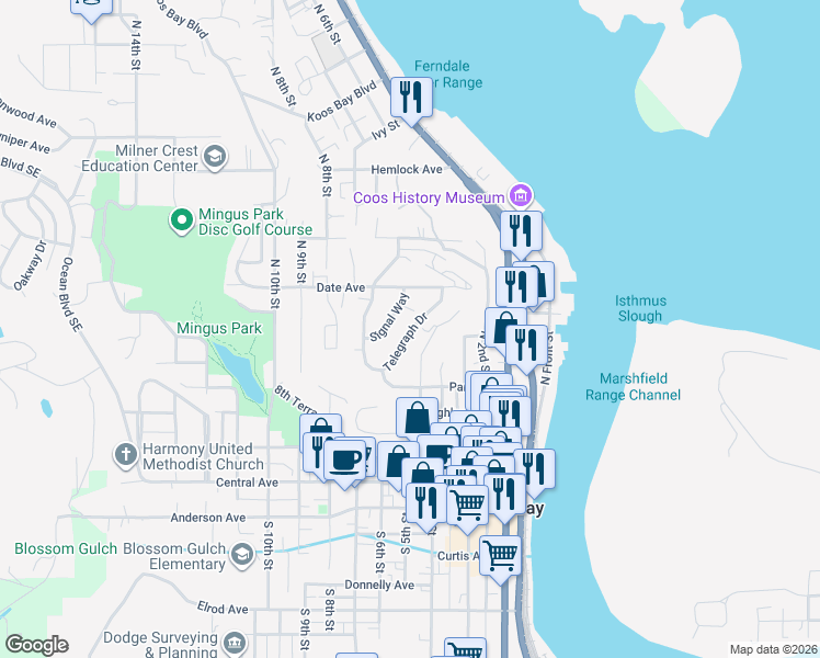 map of restaurants, bars, coffee shops, grocery stores, and more near 790 Telegraph Drive in Coos Bay