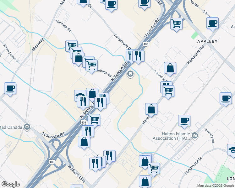 map of restaurants, bars, coffee shops, grocery stores, and more near 4216 South Service Road in Burlington