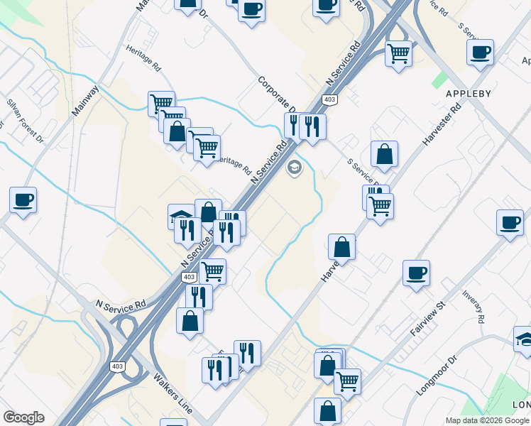 map of restaurants, bars, coffee shops, grocery stores, and more near 4216 South Service Road in Burlington