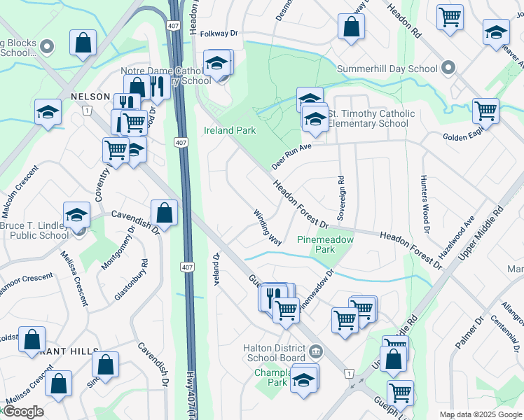 map of restaurants, bars, coffee shops, grocery stores, and more near 2163 Winding Way in Burlington