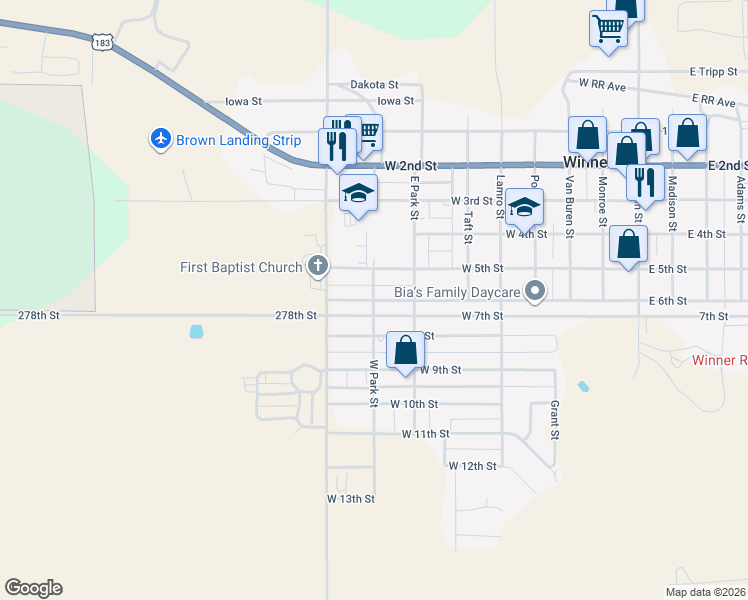 map of restaurants, bars, coffee shops, grocery stores, and more near 800 West 6th Street in Winner