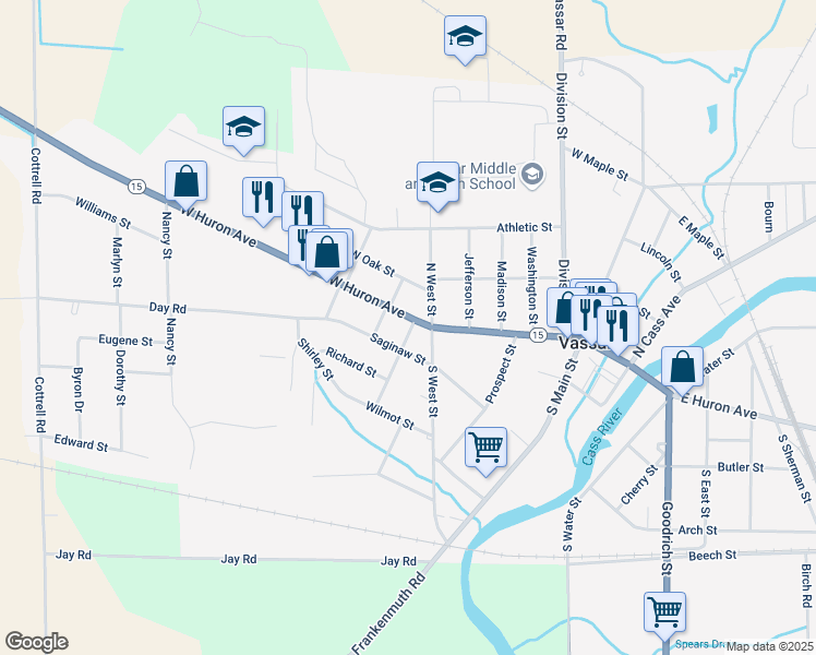 map of restaurants, bars, coffee shops, grocery stores, and more near 711 West Huron Avenue in Vassar