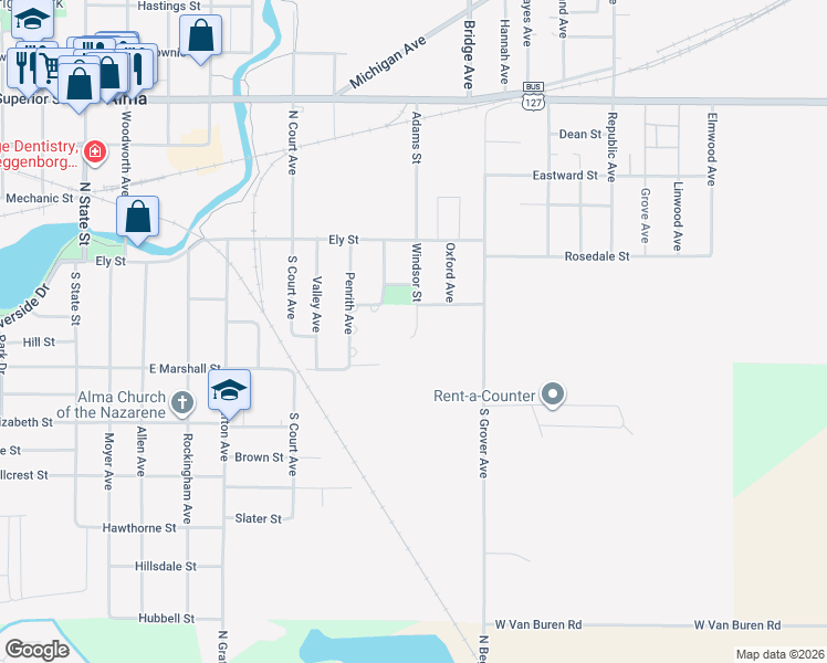 map of restaurants, bars, coffee shops, grocery stores, and more near 240 Windsor Street in Alma