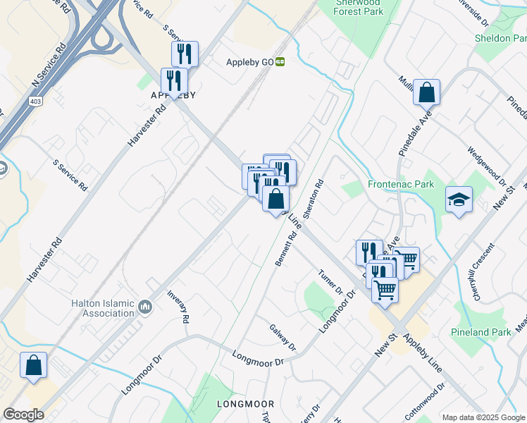 map of restaurants, bars, coffee shops, grocery stores, and more near 4490 Fairview Street in Burlington