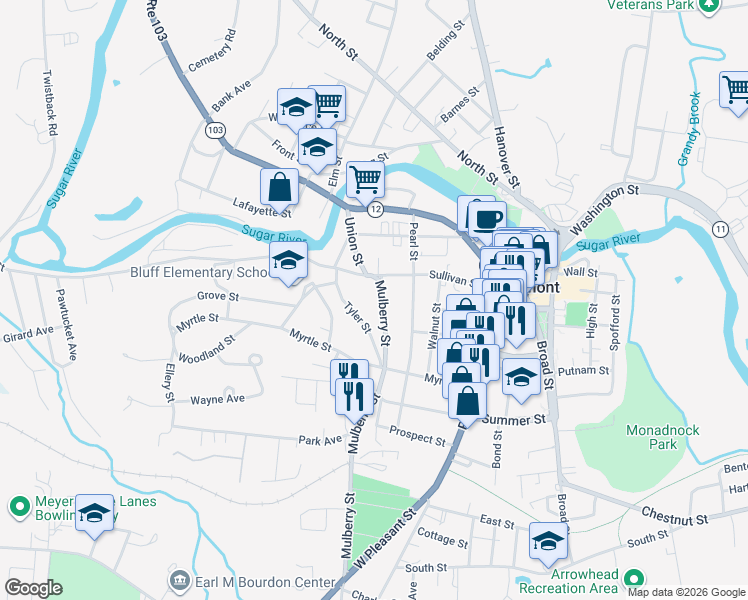 map of restaurants, bars, coffee shops, grocery stores, and more near 12 Mulberry Street in Claremont