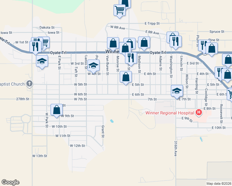 map of restaurants, bars, coffee shops, grocery stores, and more near 100-198 West 6th Street in Winner
