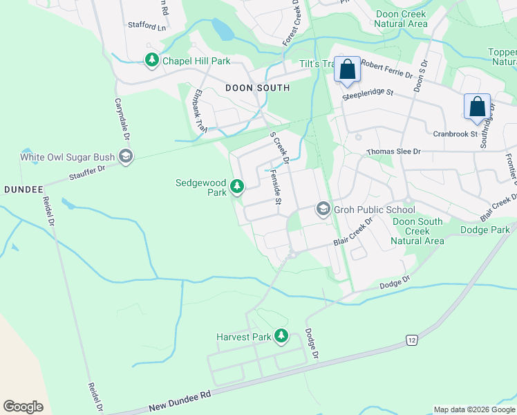 map of restaurants, bars, coffee shops, grocery stores, and more near 320 Sedgewood Street in Kitchener