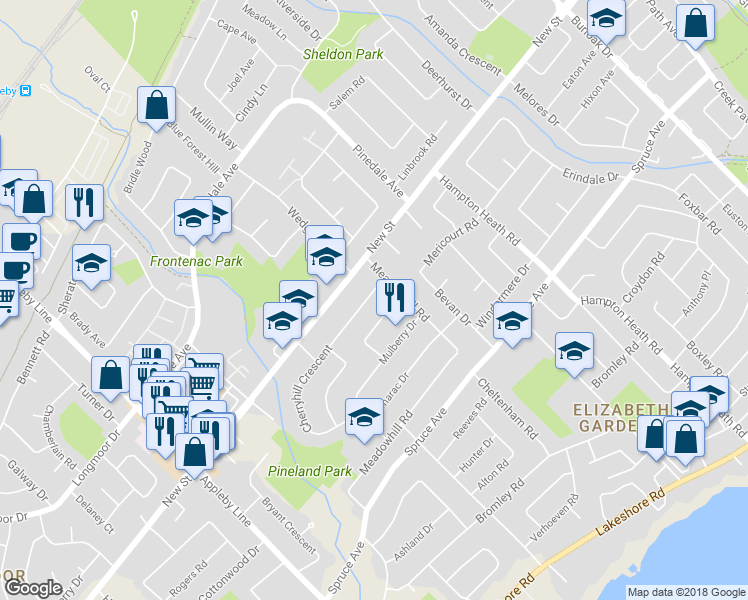 map of restaurants, bars, coffee shops, grocery stores, and more near 5224 Cherryhill Crescent in Burlington