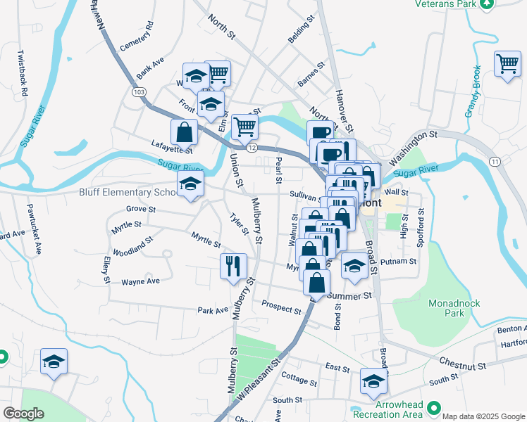 map of restaurants, bars, coffee shops, grocery stores, and more near 12 Mulberry Street in Claremont