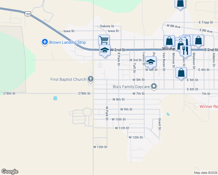 map of restaurants, bars, coffee shops, grocery stores, and more near 800-898 West 6th Street in Winner