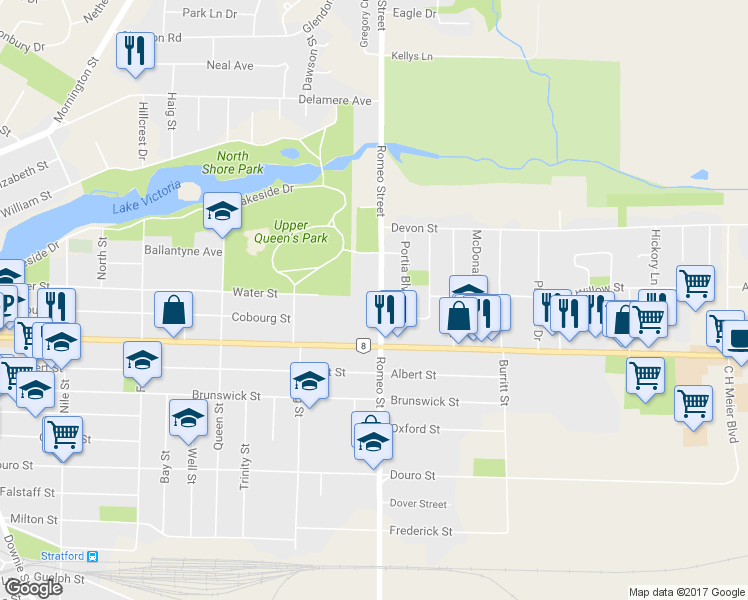 map of restaurants, bars, coffee shops, grocery stores, and more near 170 Romeo Street South in Stratford