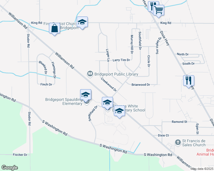 map of restaurants, bars, coffee shops, grocery stores, and more near 3492 Creekwood Drive in Saginaw