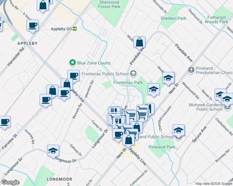 map of restaurants, bars, coffee shops, grocery stores, and more near 564 Sheraton Road in Burlington