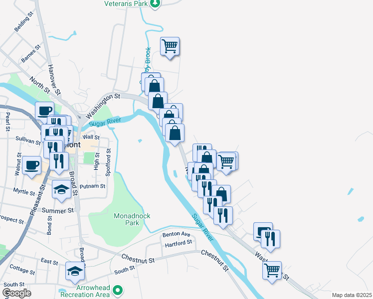 map of restaurants, bars, coffee shops, grocery stores, and more near 202 Washington Street in Claremont