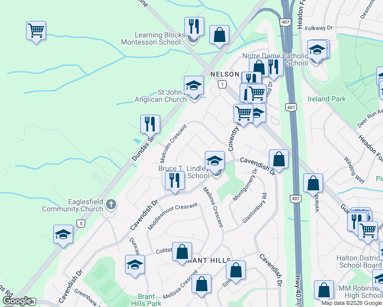 map of restaurants, bars, coffee shops, grocery stores, and more near 2393 Arnold Crescent in Burlington